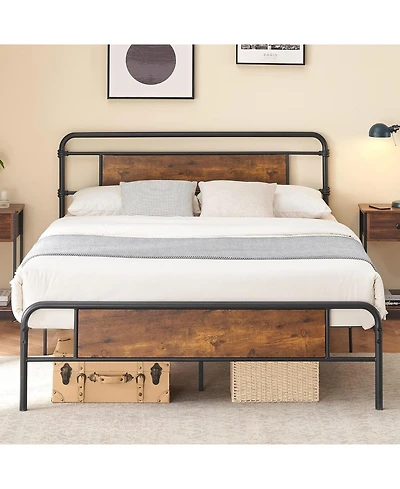 gaomon Queen Platform Bed With Rustic Wood Headboard Strong Metal Slats Mattress Support No Box Spring