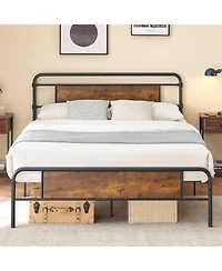 gaomon Queen Platform Bed With Rustic Wood Headboard Strong Metal Slats Mattress Support No Box Spring