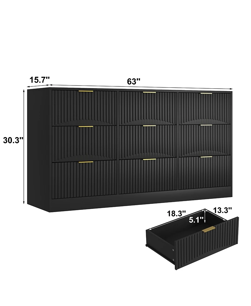 Streamdale Furniture 9-Drawer Dresser, 63" Large Deep Chest of Drawers, Wooden Storage Cabinet