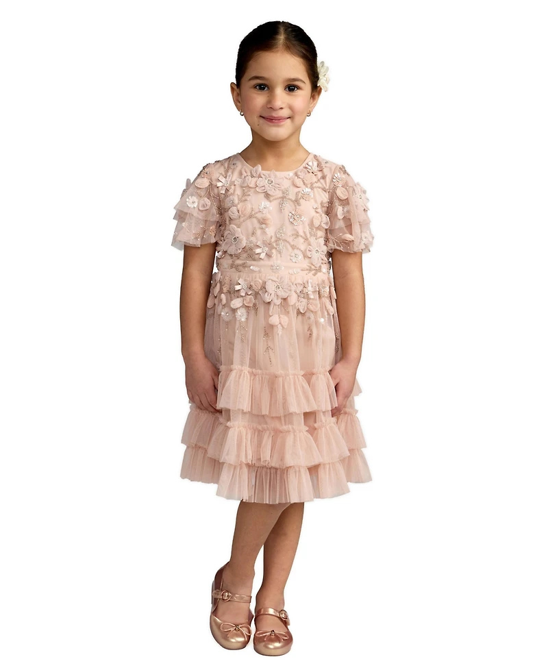 Mac Duggal Little Girls Flutter Sleeve Tiered Ruffle Gown