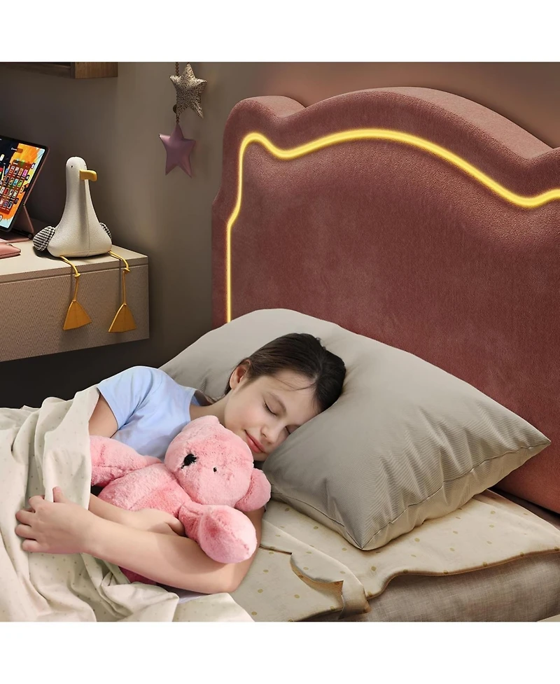 gaomon Twin Velvet Bed Frame Smart Led Adjustable Bear Headboard Wooden Slats Kids Platform No Box Spring