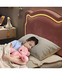 gaomon Twin Velvet Bed Frame Smart Led Adjustable Bear Headboard Wooden Slats Kids Platform No Box Spring