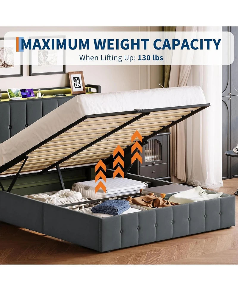 gaomon Lift Up Storage Bed Frame with Led Upholstered Storage Headboard Charging Metal Platform No Box Spring Wood Slats