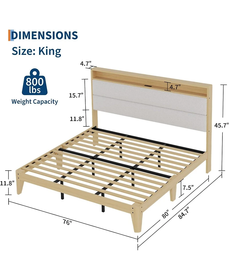 gaomon Boucle Bed Frame with Led Lights Charging 2 Storage Headboards No Box Spring Easy Assembly Noise Free