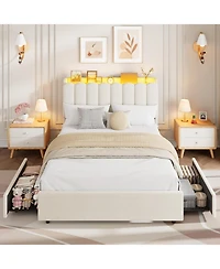 gaomon Full Bed Frame with Storage Headboard & 2 Drawers, Boucle Upholstered Wavy Headboard with Bookcase