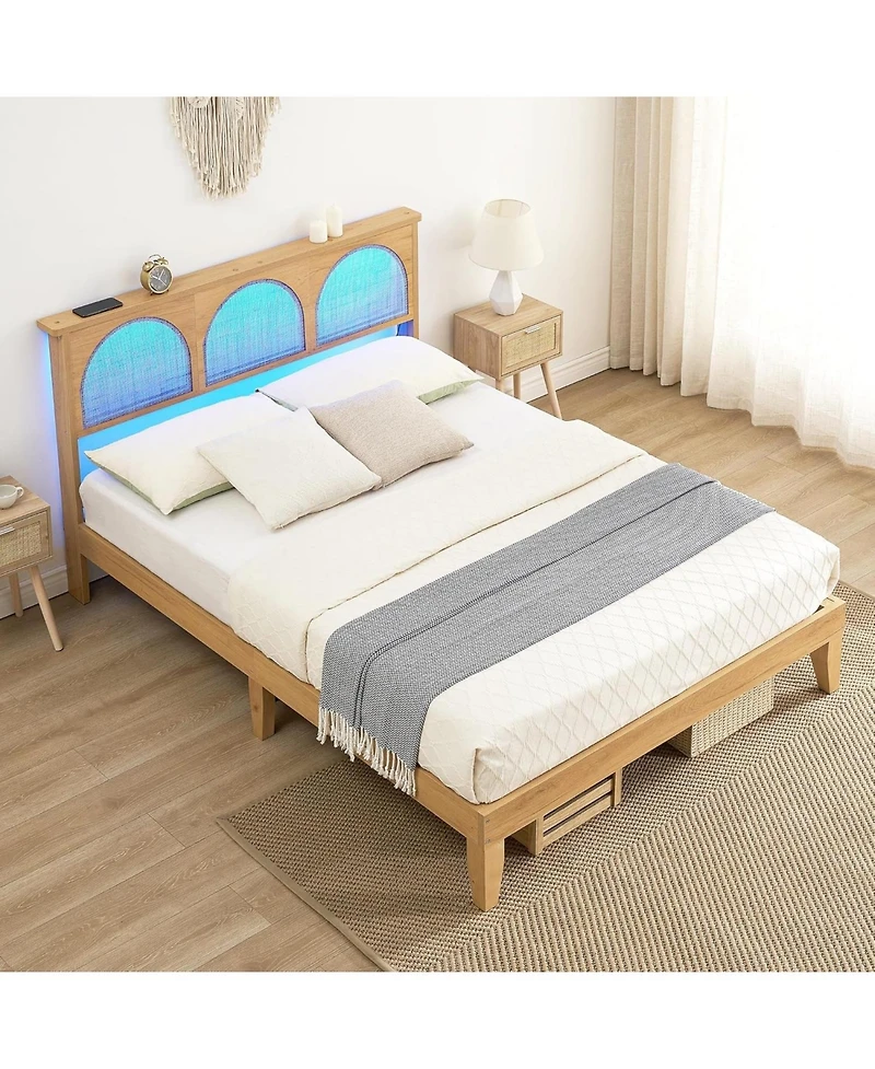 gaomon Queen Bed Frame With Rattan Headboard and Led Lights Wood Slats Support Mattress No Box Spring Easy Assembly