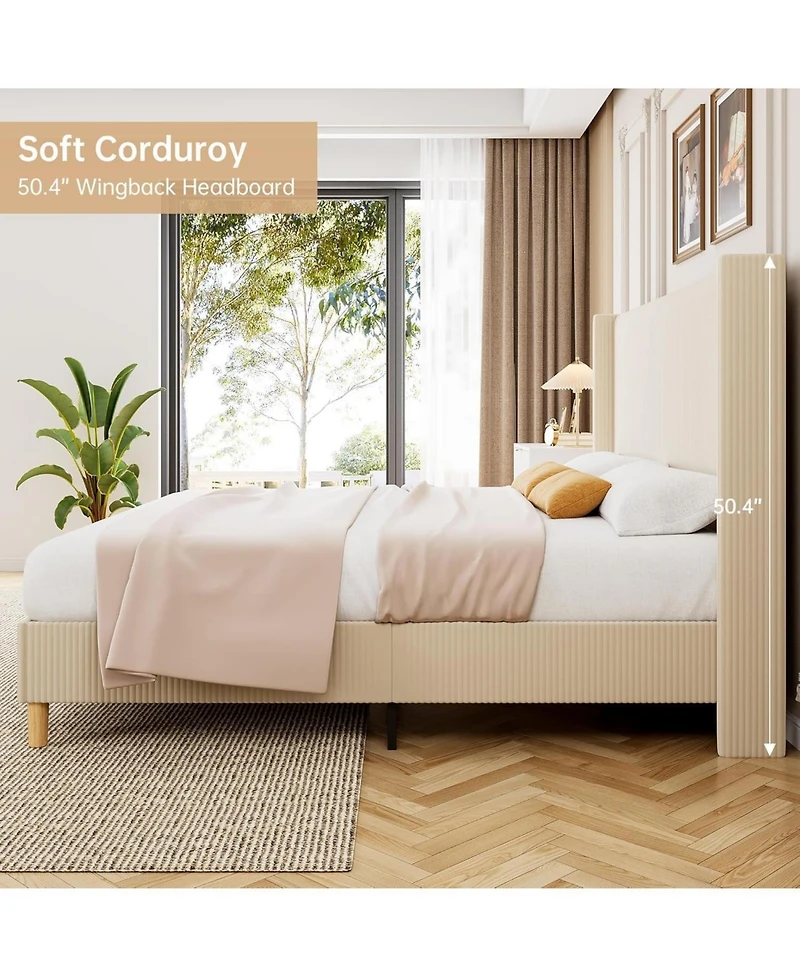 gaomon King Platform Bed Frame Corduroy Upholstery Vertical Tufted Wingback Headboard Wood Slats No Box Spring