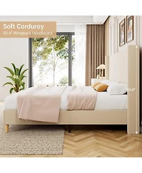 gaomon King Platform Bed Frame Corduroy Upholstery Vertical Tufted Wingback Headboard Wood Slats No Box Spring
