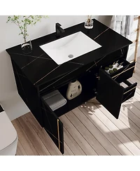 Sillysis Floating Bathroom Vanity with Faux Marable Top, Integrated Ceramic Sink, Soft Close Drawers, Luxury Modern