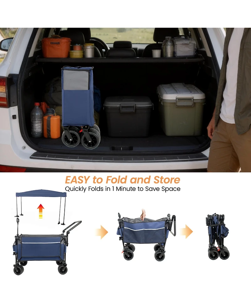 Rainsken Folding Wagon Cart - Multi-Functional Push-Pull Carts with Canopy, Rotating Handle, All-Terrain Wheels, 480lbs Capacity for Transport