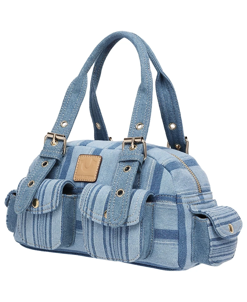 True Religion Multi Stripe Soft Satchel – Mini Handbag with Utility Pockets