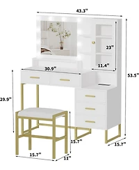 Gaomon Large Makeup Vanity Set with Led Lighted Mirror, Stool, Shelves and Charging Station