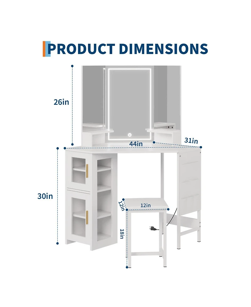 Gaomon Corner Makeup Vanity Desk with Led Lighted Mirror, Storage Cabinet and Charging Station