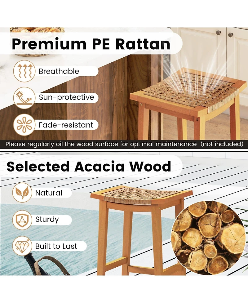 sumyeg Set of 2 Outdoor Acacia Wood Bar Stools with Pe Rattan Seats and Backs