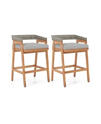 sumyeg Set of 2 Patio Acacia Wood Counter Height Bar Stools with Cushions and Wicker Backs