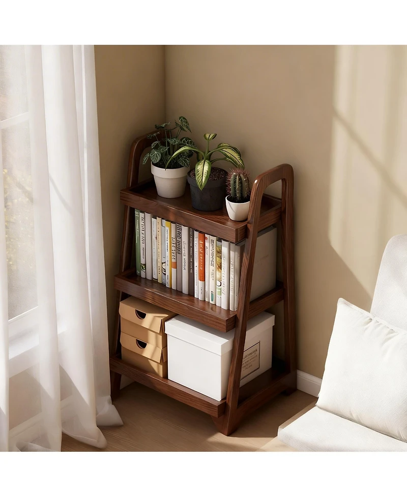 Yigii Solid Oak 3 Tier Ladder Shelf Small Bookshelf Stable Frame Living Room Bedroom