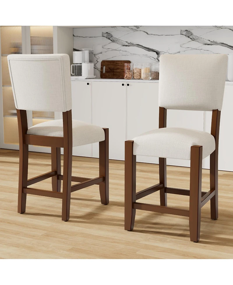 Streamdale Furniture Mid Century Modern 2pk Linen Upholstered Bar Stools with Solid Wood Legs