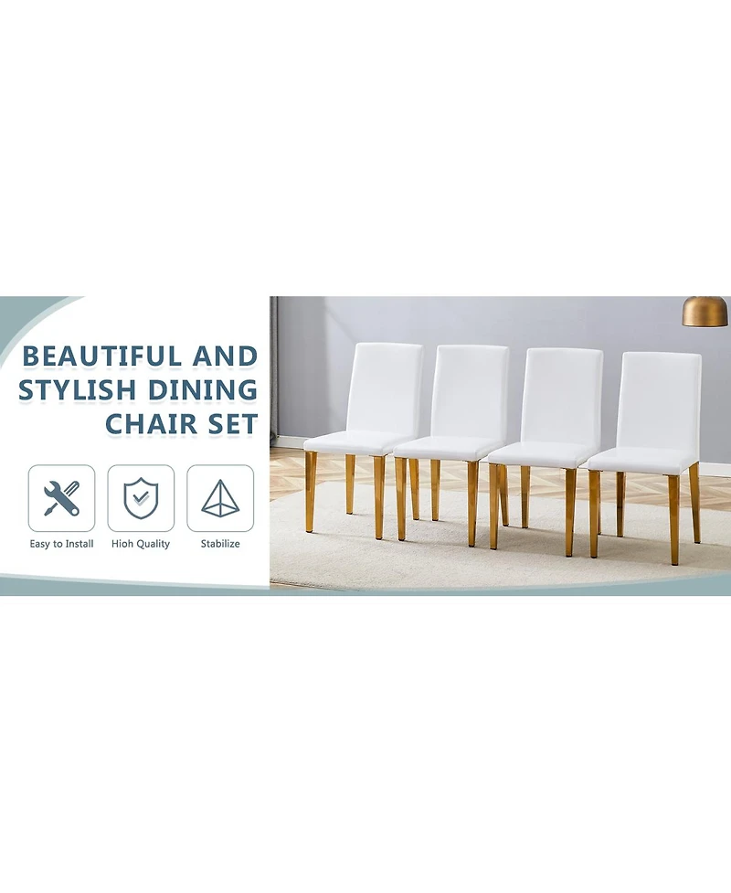 Streamdale Furniture Set of 4 White Pu Dining Chairs with Golden Metal Legs