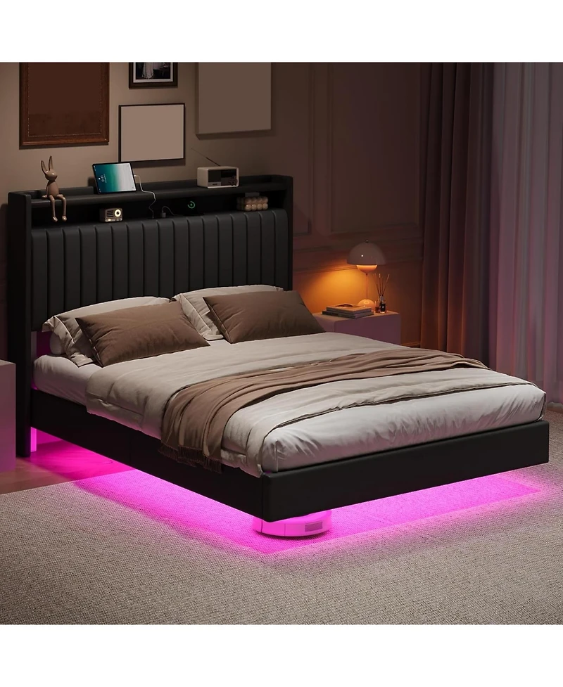 gaomon Full Floating Bed Frame Rgb Led Charging Upholstered Headboard Storage Platform 50 Inch Leather