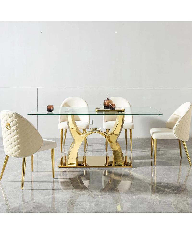 Streamdale Furniture Luxury Glass Dining Table for 6, Clear Glass Top, Gold Curved Base