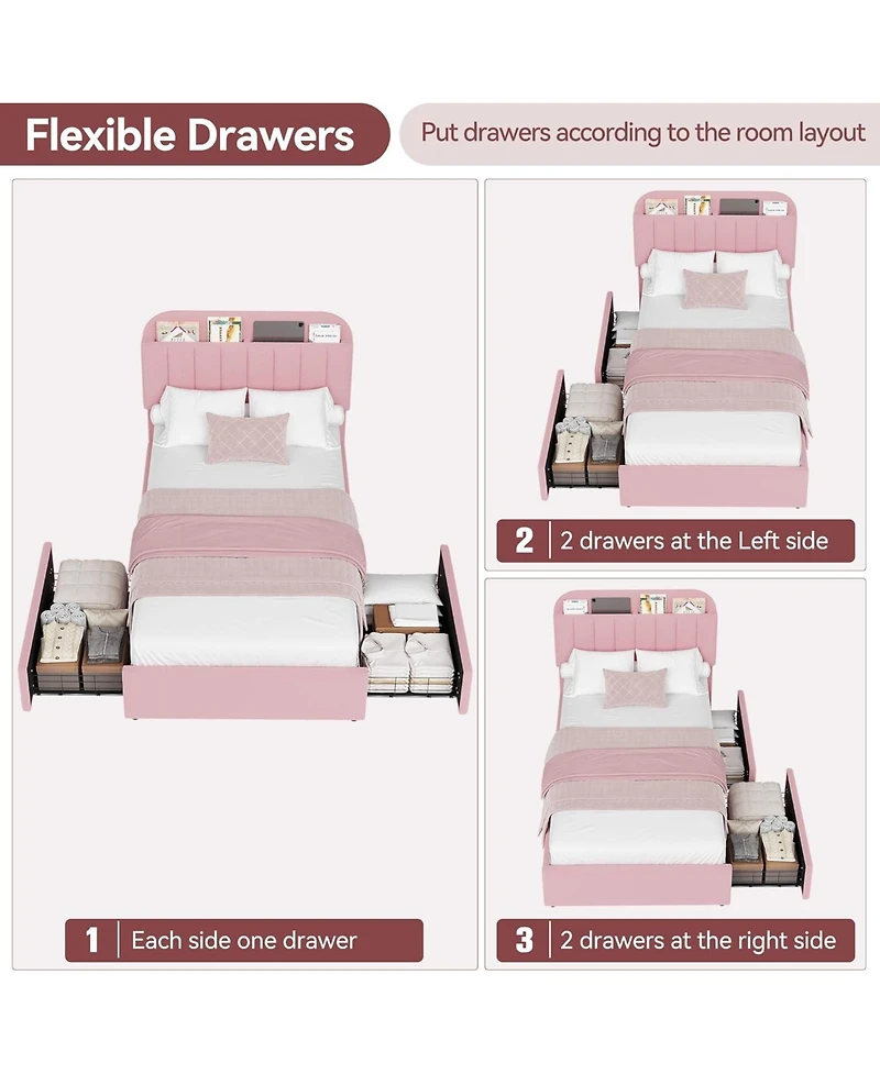 gaomon Bed Frame with Storage Headboard, Kids 2 Drawers, Boucle Upholstered Platform Bookcase