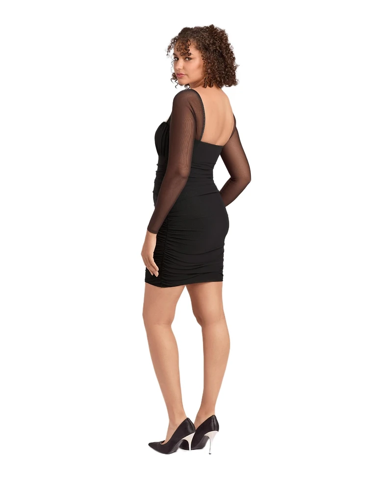 S3 Apparel Women's Shirred Mesh Sweetheart Long Sleeve Sculpting Mini Dress with Built-In Shapewear