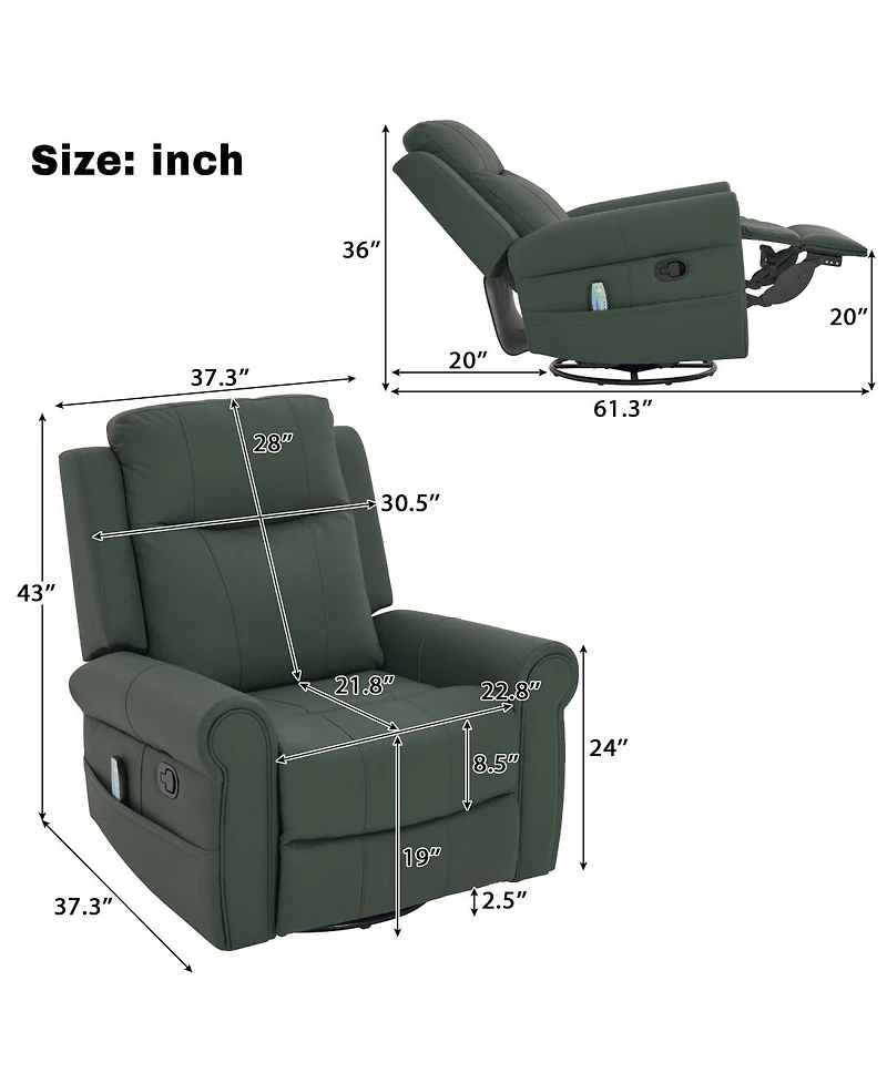 Streamdale Furniture Manual Recliner 270°Swivel Rocker Recliner Chair with Massage & Heating