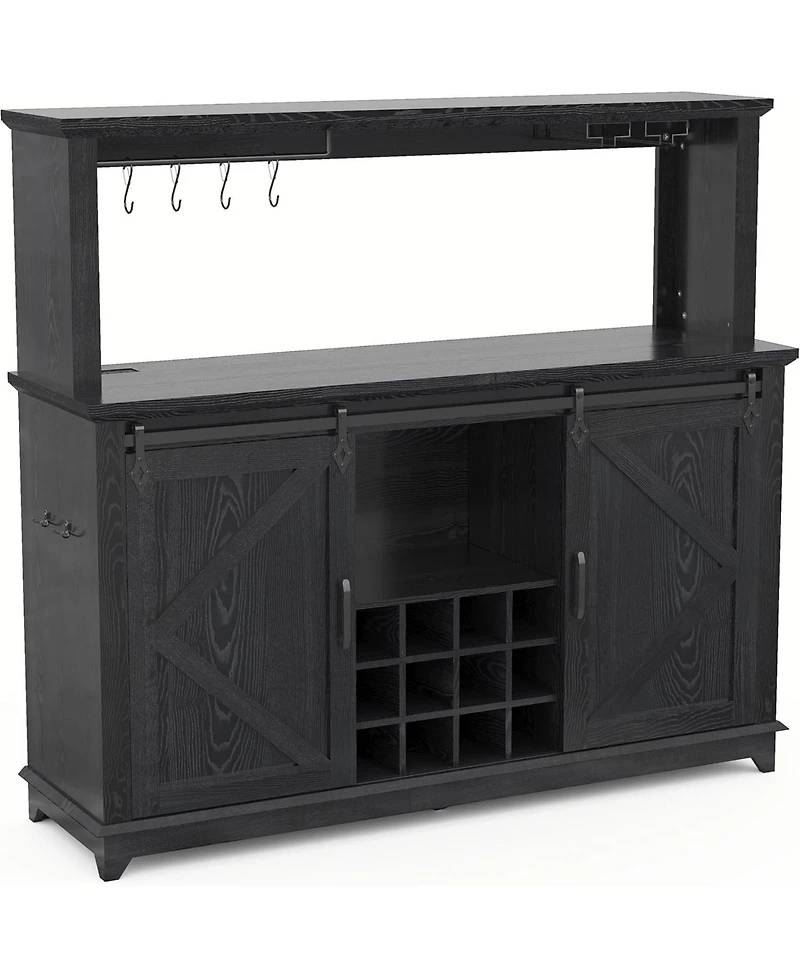 gaomon Farmhouse 55" Coffee Bar Cabinet with Sliding Barn Door & Power Outlet Led Light, Large Kitchen Hutch