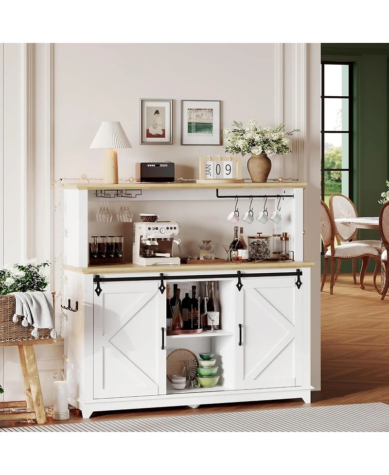 gaomon Farmhouse 55" Coffee Bar Cabinet with Sliding Barn Door & Power Outlet Led Light, Large Kitchen Hutch