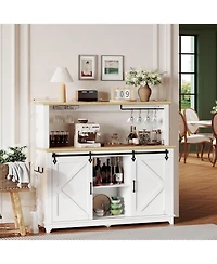 gaomon Farmhouse 55" Coffee Bar Cabinet with Sliding Barn Door & Power Outlet Led Light, Large Kitchen Hutch