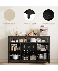 gaomon Farmhouse Wine Bar Cabinet, 52 in Rattan Coffee Bar with Adjustable Storage Shelves, Boho Liquor Sideboard with Wine Racks for Living