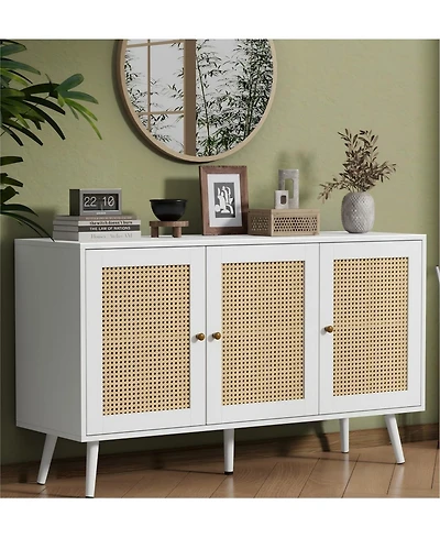 gaomon 47.2" Rattan Sideboard Buffet Cabinet with 3 Doors,Boho Adjustable Shelves, White Console Table for Living R