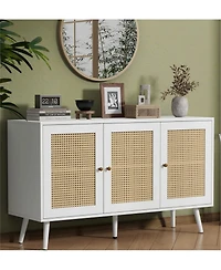 gaomon 47.2" Rattan Sideboard Buffet Cabinet with 3 Doors,Boho Adjustable Shelves, White Console Table for Living R