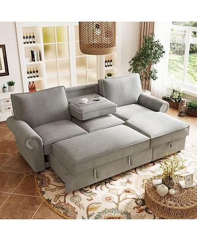 Streamdale Furniture 95" Convertible Sectional Sleeper Sofa w/ Storage Chaise & Cup Holders