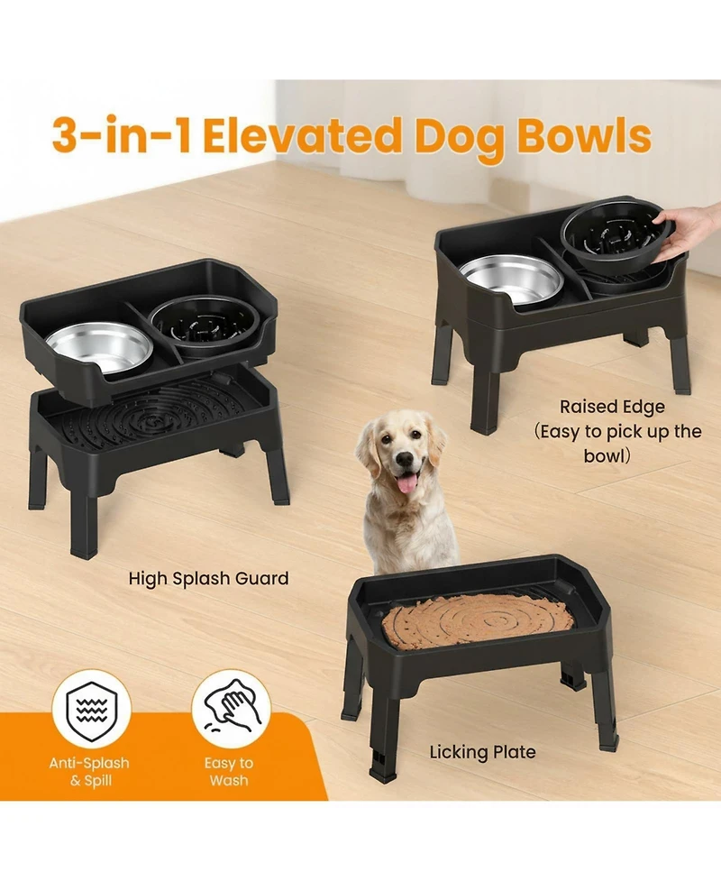 Aronkl Mess Proof Slow Feeder Dog Bowl Stand 4 Height Adjustable Elevated with 2 Stainless Steel 1 Non Slip Bowls