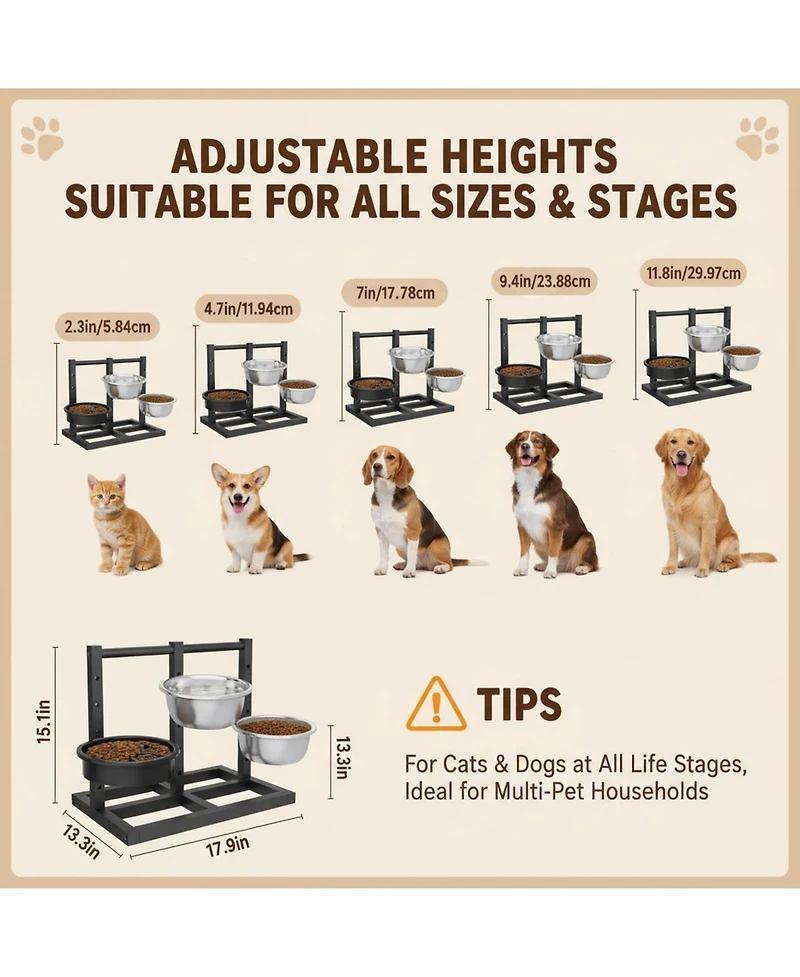 Aronkl Dual Sided Elevated Dog Stand 5 Adjustable Heights 3 Bowls Slow Feeder Stainless Steel Non Slip