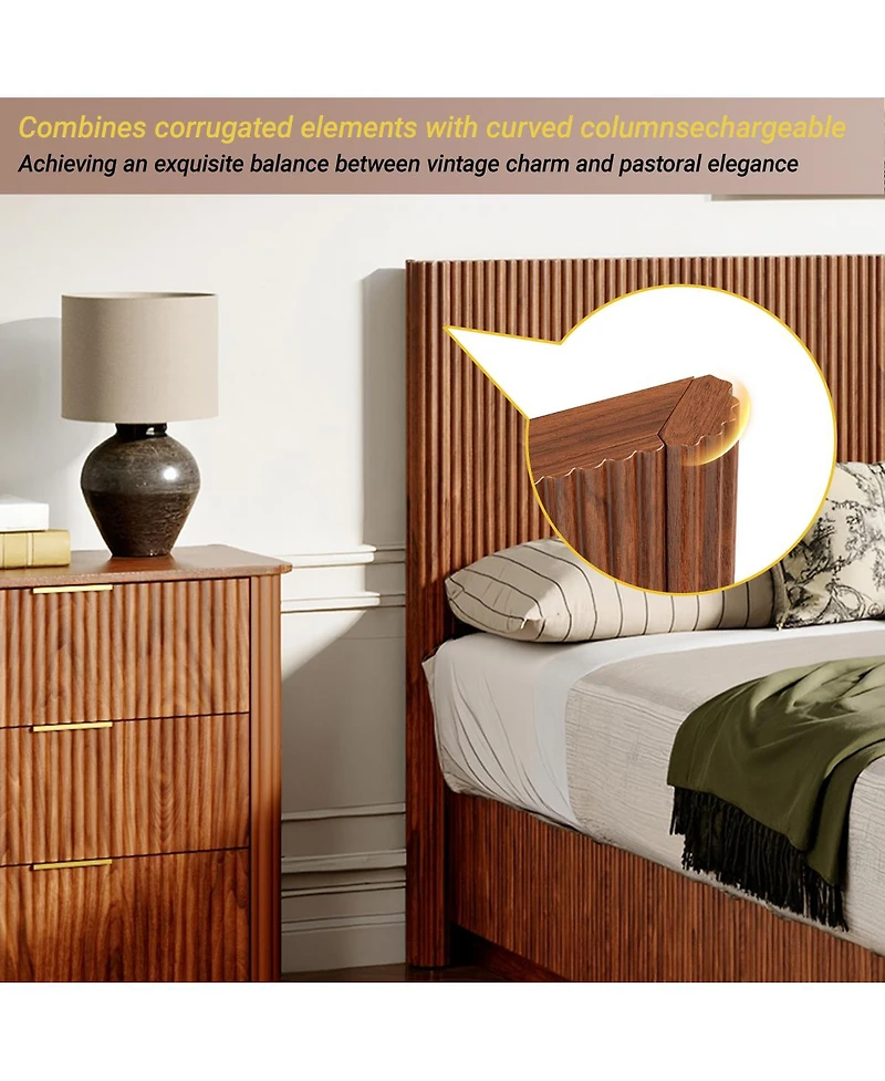 Streamdale Furniture Queen Size Bed Frame with Led Lights, Modern Walnut Wood Design