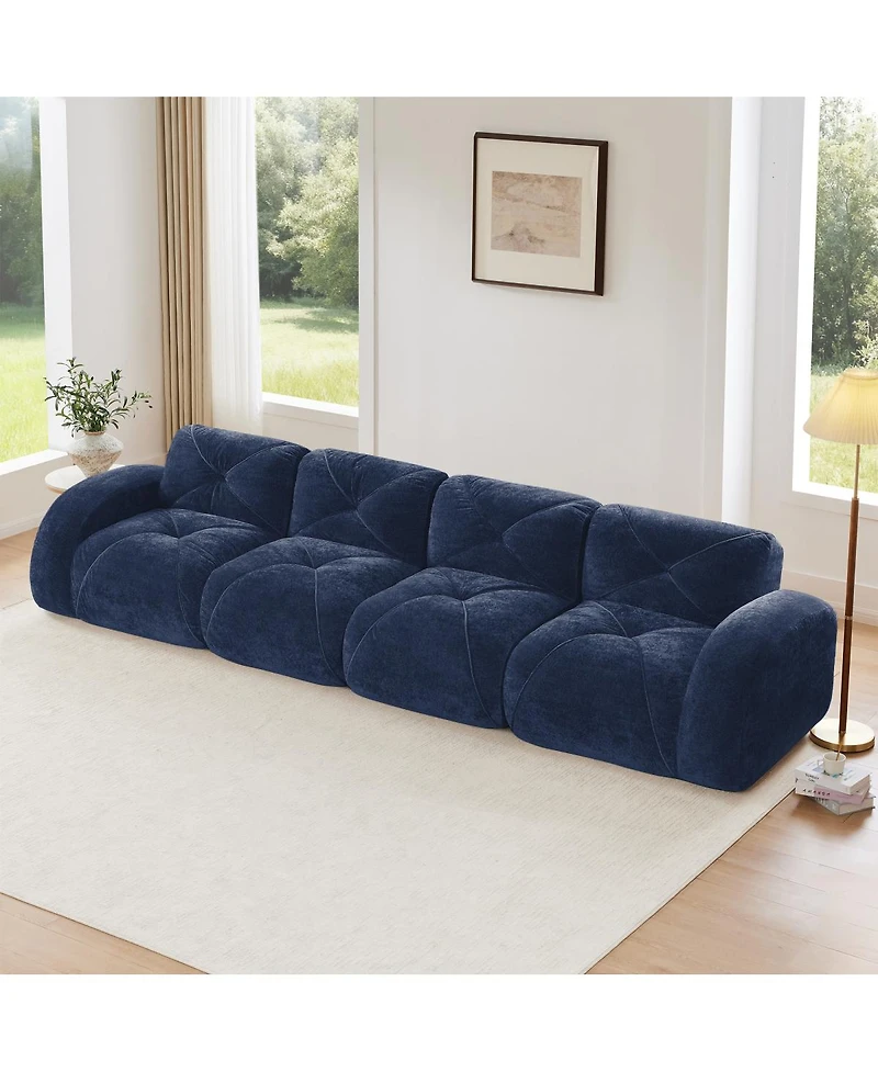 Streamdale Furniture Streamdale 140" Blue Velvet Boneless Tufted Sofa with Ergonomic Design & Anti-Slip Bottom