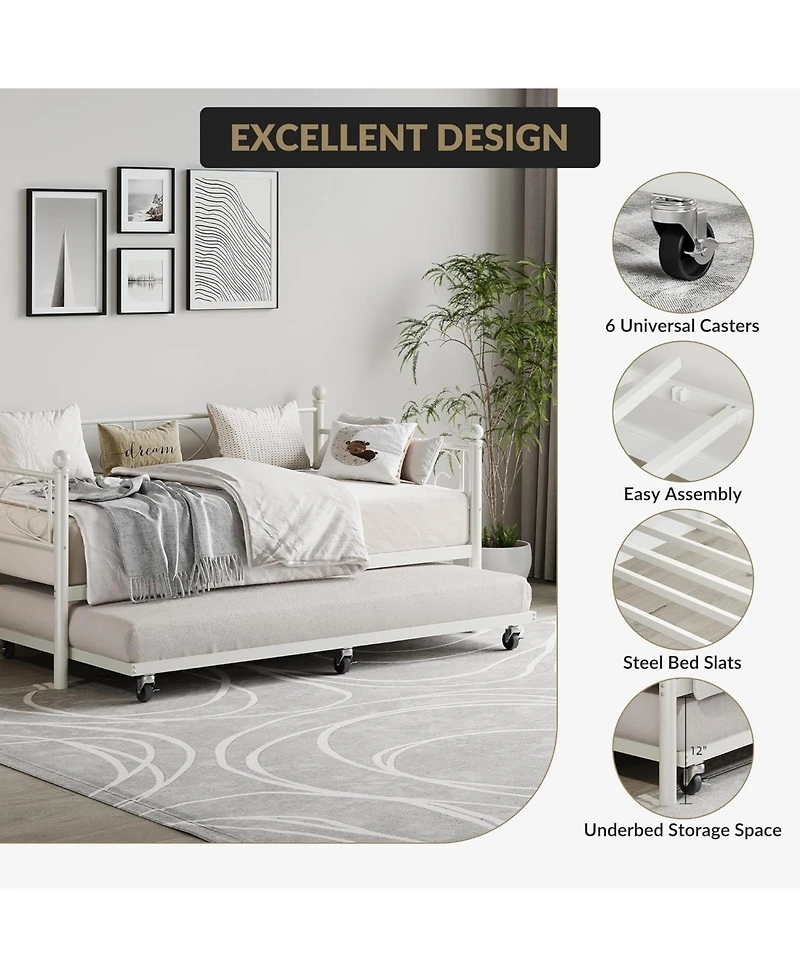 gaomon Metal Twin Daybed with Trundle Sofa Bed Steel Slats Curved Flower Design No Box Spring Needed Living Spaces
