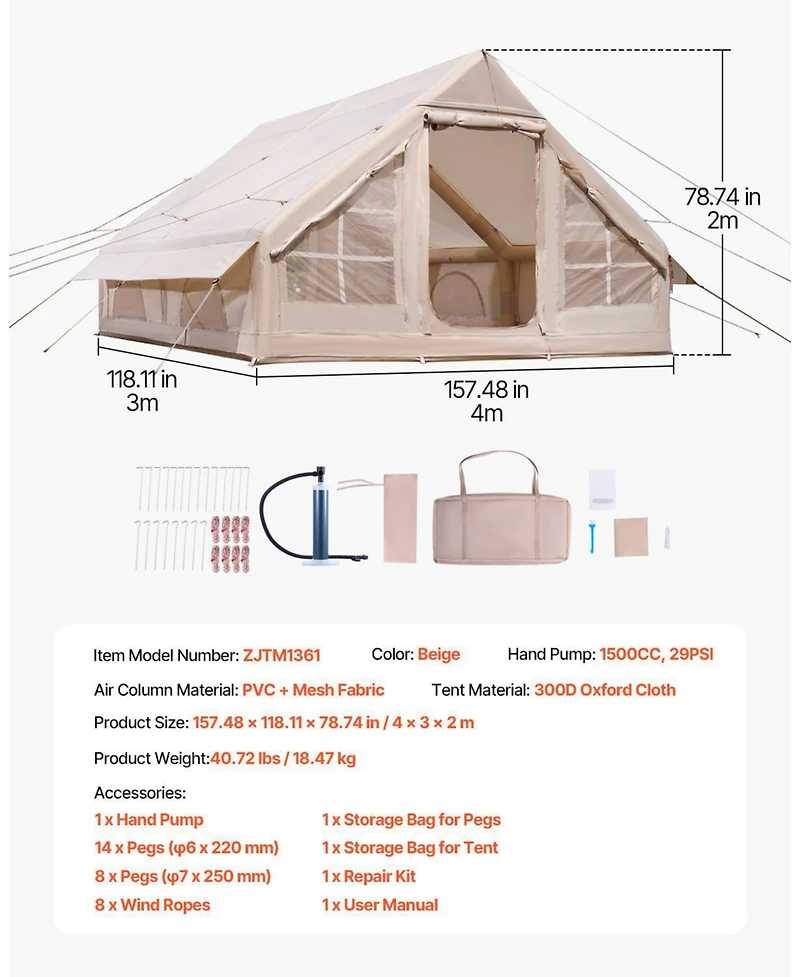 Mecale 5-8 Person Inflatable Camping Tent with Hand Pump and Stove Jack