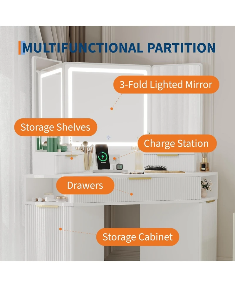 gaomon Fluted Wood Corner Vanity Desk with Lighted Mirror, Drawers, Cabinets and Charging Station