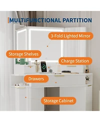 gaomon Fluted Wood Corner Vanity Desk with Lighted Mirror, Drawers, Cabinets and Charging Station