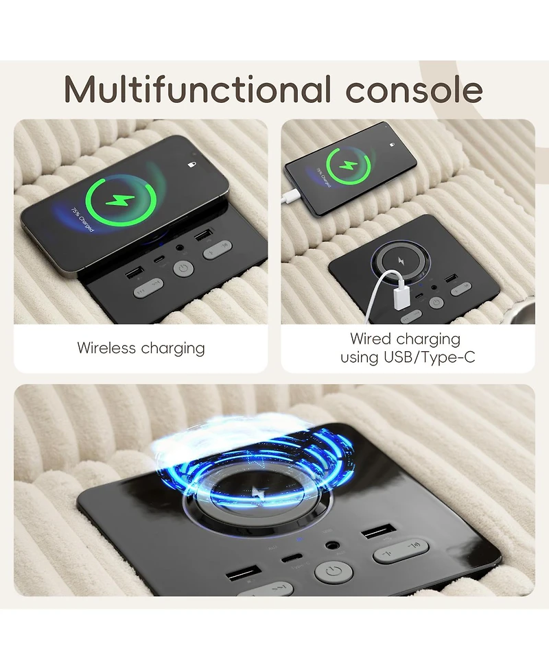 Streamdale Furniture Corduroy U-Shaped Sectional Sofa with Bluetooth, Usb, Cup Holders & Storage