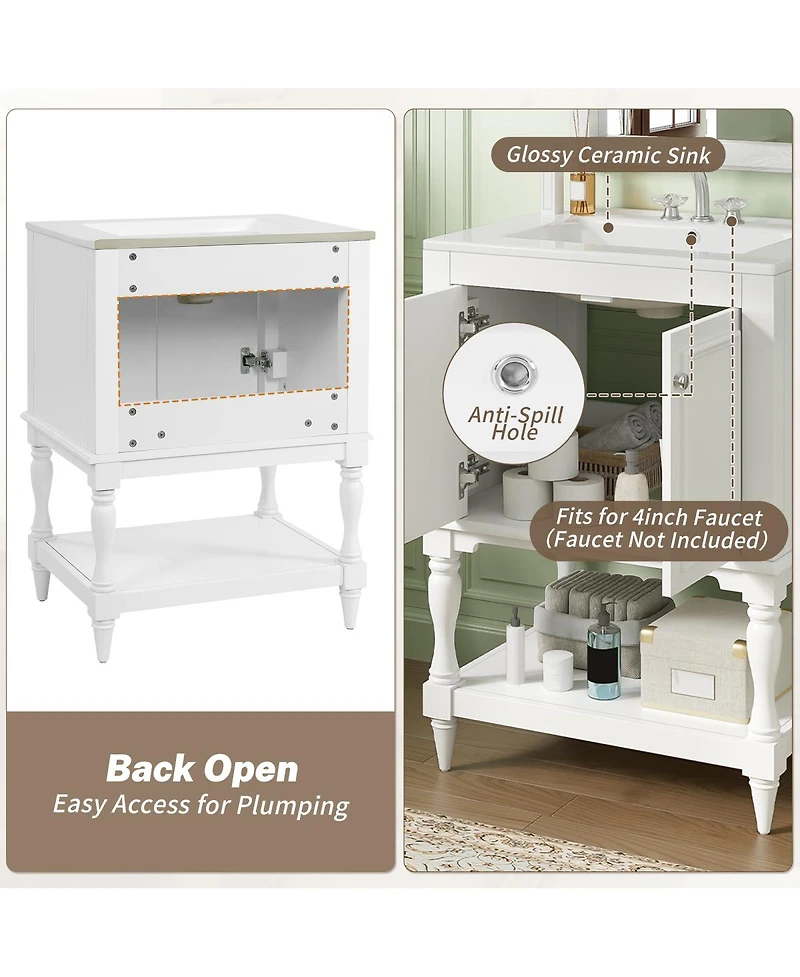 Sillysis 24" Bathroom Vanity with Ceramic Sink, Solid Wood Legs, Carved Palace Style Cabinet, Open Shelf for Small