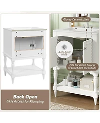 Sillysis 24" Bathroom Vanity with Ceramic Sink, Solid Wood Legs, Carved Palace Style Cabinet, Open Shelf for Small