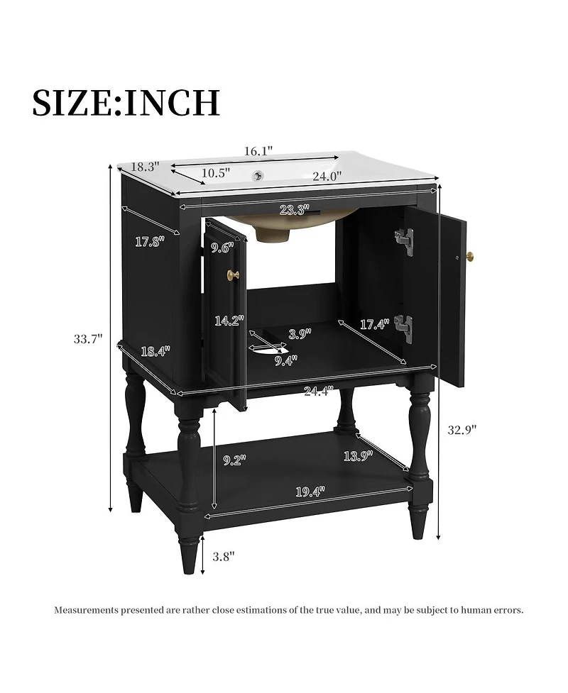 Sillysis 24" Bathroom Vanity with Ceramic Sink, Solid Wood Legs, Carved Palace Style Cabinet, Open Shelf for Small