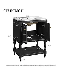 Sillysis 24" Bathroom Vanity with Ceramic Sink, Solid Wood Legs, Carved Palace Style Cabinet, Open Shelf for Small