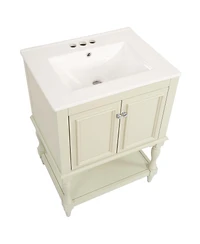 Sillysis 24" Bathroom Vanity with Ceramic Sink, Solid Wood Legs, Carved Palace Style Cabinet, Open Shelf for Small
