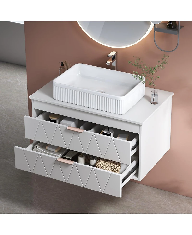Sillysis Floating Bathroom Vanity with Ceramic Vessel Sink, 2 Soft-Close Drawers, Modern Solid Wood Wall Mounted Cabinet