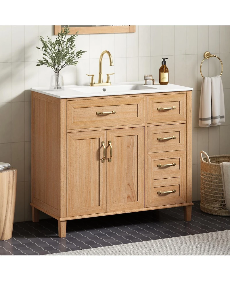 Sillysis 36" Modern Natural Bathroom Vanity with Ceramic Sink, Soft-Close Drawers, Double Door Cabinet, Ample Storage for Bathroom